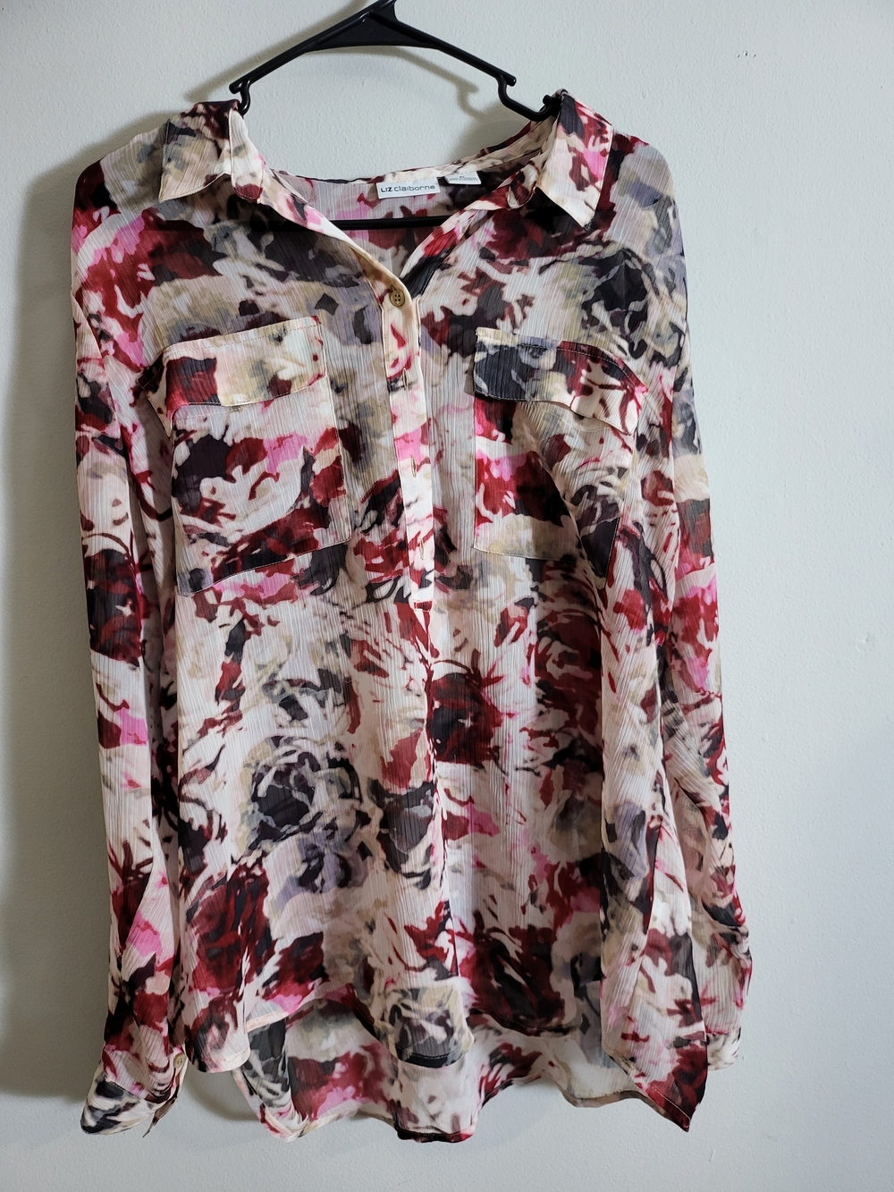 Liz Claiborne Pink, Cream & Burgundy Abstract Floral Button-Down Shirt